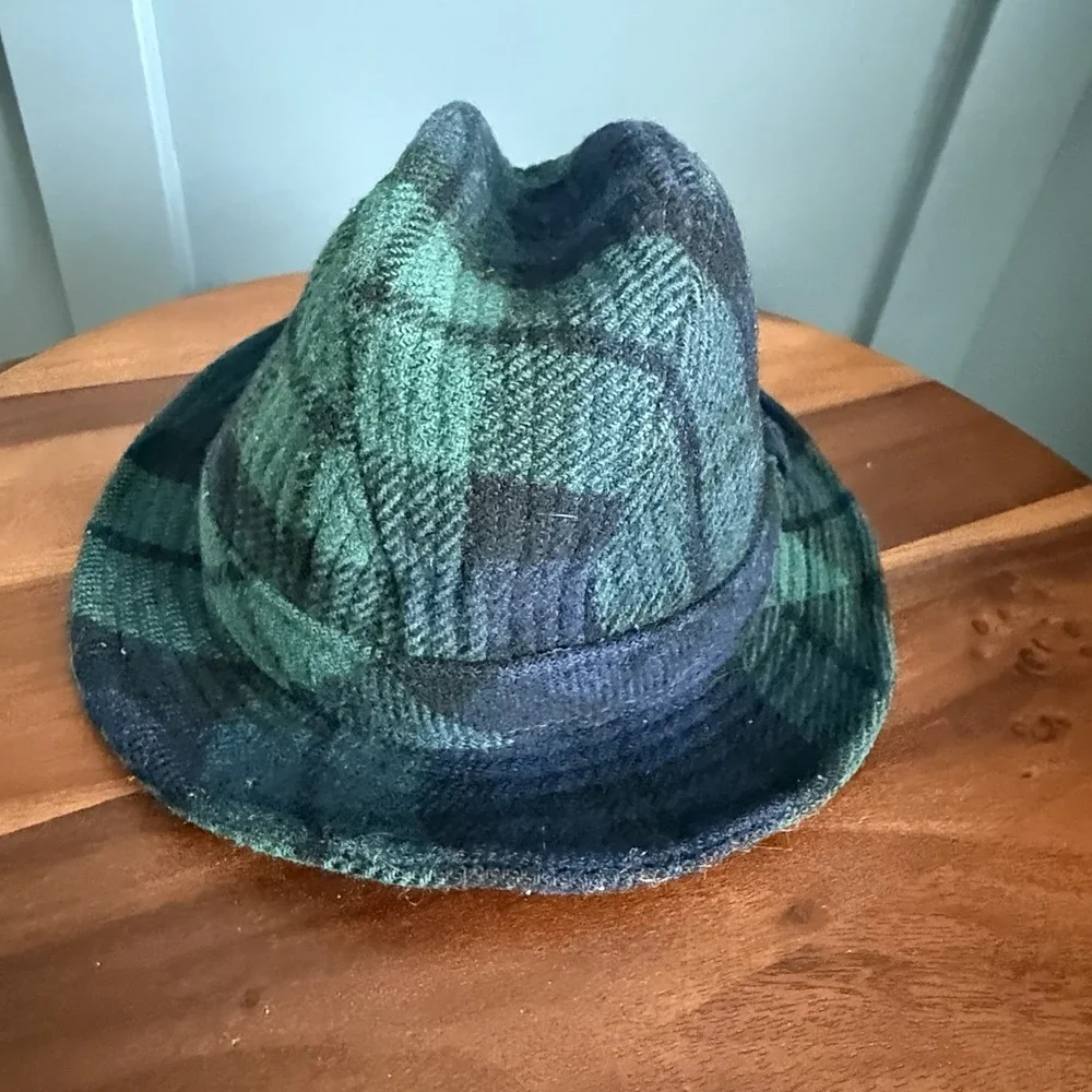 Vintage Pendleton 100% Virgin Wool Fedora Hat XL Blue Green Plaid Tartan USA F/W